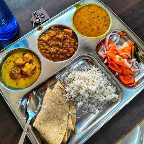Thali with Rice Dal Subzi